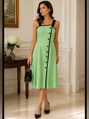 Vintage 90s Sia Bellini Green Ramie Button Front Dress | Mod Retro A-Line 9/10